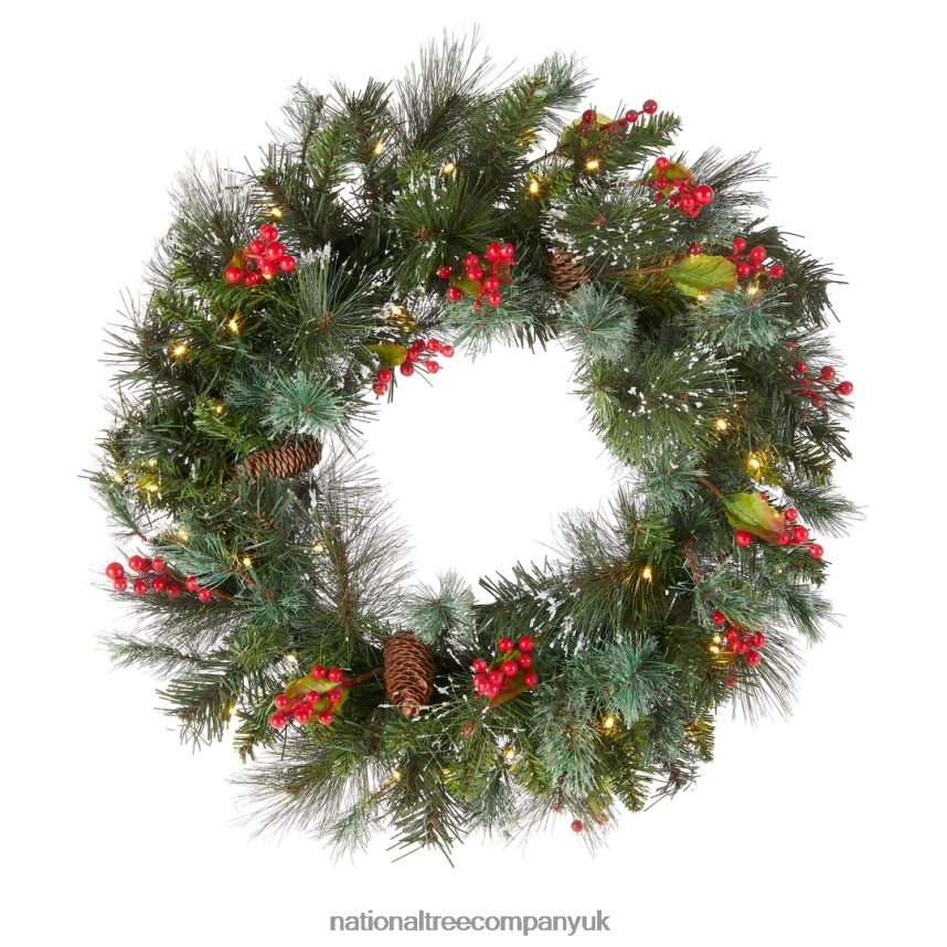 Greenery | National Tree Company Pre-Lit Artificial Christmas Wreath Green Crestwood Spruce White Lights Decorated with Pine Cones Berry Clusters Frosted Branches Christmas Collection 24 Inche